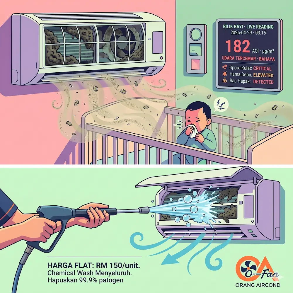 Punca anak batuk akibat aircond berkulat dan penyelesaian chemical wash aircond oleh OrangAircond
